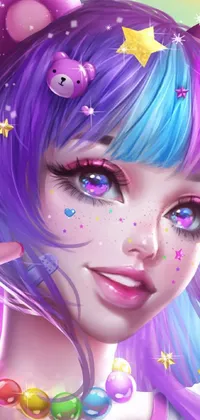 Looking for a magical, whimsical phone wallpaper? Check out this stunning live background! Featuring digital art inspired by fantasy and kawaii styles, this wallpaper shows a portrait of a magical lolita girl holding a shiny star wand amidst colorful stars and sparkles