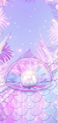 This cell phone wallpaper is a stunning digital art depiction of a beautiful mermaid surrounded by pearls and shells on a pink background