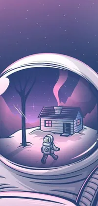 This phone live wallpaper features an astronaut in a spacesuit amidst a starry galaxy backdrop, with a cozy house nestled in the distance