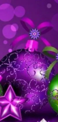 This live wallpaper features a vibrant holiday design with Christmas balls and stars against a purple background