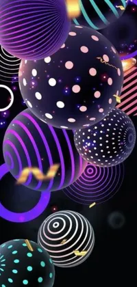 This dynamic phone live wallpaper features a vivid display of colorful balls set against a black background, designed in vector art with intricate 3D shapes and purple tubes