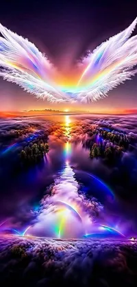 This phone live wallpaper showcases the stunning beauty of angel wings soaring amidst a breathtaking sunrise