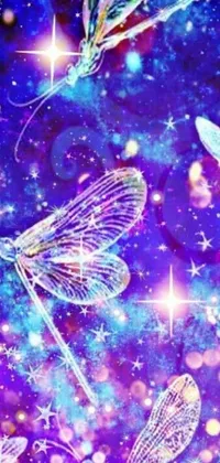 This phone live wallpaper features a digital art design of dragonflies resting on a magical purple background