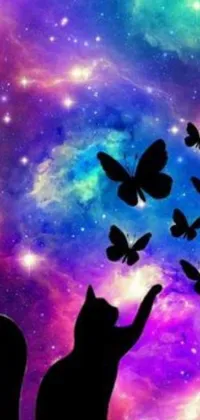 Enjoy the playful and imaginative design of this live cat wallpaper as the feline tries to catch colorful butterflies in a brilliant sky