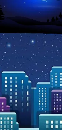 This phone live wallpaper showcases a captivating vector art of a city at night vibe, complete with a full moon in the sky