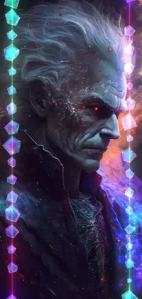 This incredible live wallpaper features a stunning portrait of a person with eye-catching white hair against a breathtaking nebula backdrop