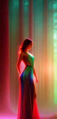 This live wallpaper features a stunning 3D neon art of a woman's body draped in a colorful maxi dress in a forest