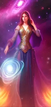 This stunning live wallpaper features a digital art piece inspired by cosmic style, depicting a powerful mage holding a wand and an orb