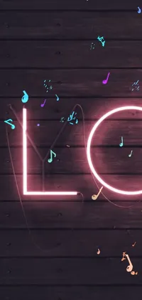 This neon live wallpaper depicts a "love" sign surrounded by vibrant musical notes, set against a dreamy tumblr-style backdrop