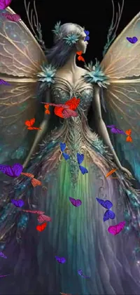 This phone live wallpaper features a beautiful fairy surrounded by colorful butterflies