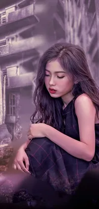 This live wallpaper features a digital artwork of a woman sitting in front of a building