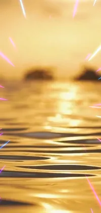 This phone live wallpaper showcases a serene and whimsical scene with a blurry photo of a glowing sunset over a tranquil body of water