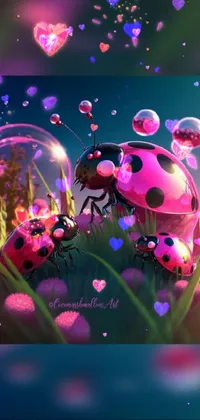 This beautiful live wallpaper features a romantic scene of two ladybugs sitting on a green grass field
