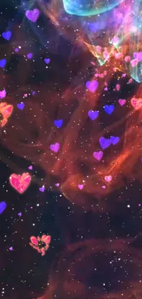Looking for a dreamy and romantic live wallpaper for your phone? Check out this beautiful design featuring a pink and purple heart-filled space, space art, a YouTube video screenshot and fun emojis like 🚀, 🌈, and 🤩