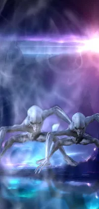 This dark fantasy live wallpaper features a white alien floating on water while a demon gollum guards an ancient alien portal in a purplish space background