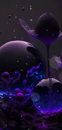 This phone live wallpaper features a black sphere surrounded by vibrant purple flowers and bubbles, rendering a mystical feel