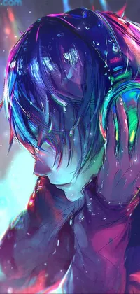 This phone live wallpaper showcases a vivid and beautifully intricate artwork of a person standing in the rain, wearing headphones, and lost in rhythm