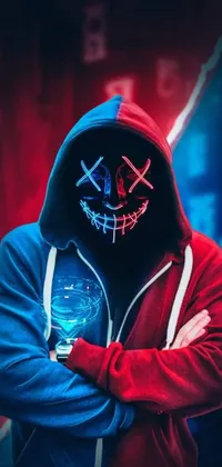 Get lost in the cyberworld with this stunning live wallpaper featuring a mysterious figure donning a red and blue hoodie and an intricate mask