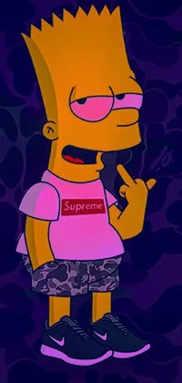 This lively phone live wallpaper showcases a cute cartoon character sporting a bright pink shirt and camouflage shorts in a dynamic pop art, Tumblr, and Simpsons style