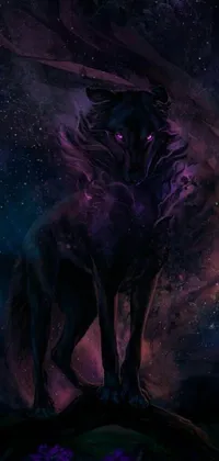 This stunning live wallpaper for your phone features a regal black wolf standing against a lush green field