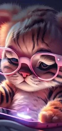Looking for a fun and unique live wallpaper for your phone? Check out this close-up image of a cat sporting glasses! This quirky and intricate design features a playful feline in eyewear, set against a background of vibrant pink tigers