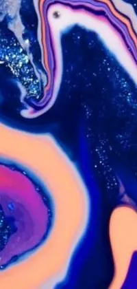 This abstract live phone wallpaper features a close up of a microscopic photo of a cell phone on a table, with a beautiful paint swirl aesthetic and an indigo rainbow color scheme