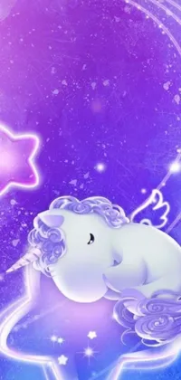 This phone live wallpaper depicts a charming cartoon unicorn lounging gracefully on a gleaming star