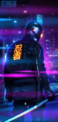 The phone live wallpaper is a stunning depiction of a man in a gas mask holding a sword in a cyberpunk future