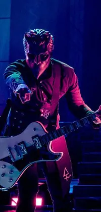 This live wallpaper features a captivating image of a ghost-masked electric guitar player on a dark stage