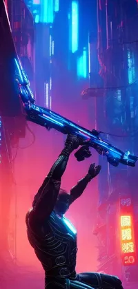This live wallpaper offers a cyberpunk-inspired scene, featuring a man holding a sword and futuristic shotgun
