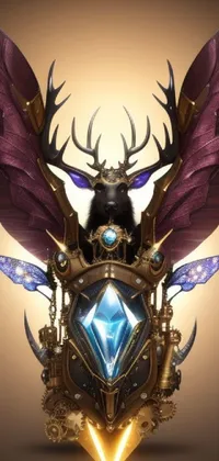 This stunning live wallpaper features a black cat perched on a shield with wings, wearing an antler crown