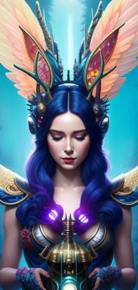 This phone live wallpaper depicts a beautiful woman with blue hair and angelic wings in a fantasy portrait designed by a skilled artist