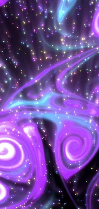 This phone live wallpaper features vibrant purple swirls set against a starry black background and an alien galaxy – a stunning digital artwork that captures the essence of space