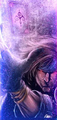 This live wallpaper features a close-up view of a person holding a card, with a fantasy art theme and elements of solid snake and stained