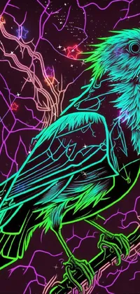 Experience the mesmerizing appeal of this phone live wallpaper, featuring a neon bird sitting on a thorn-filled branch against a backdrop of wires and veins