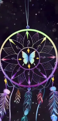 This phone live wallpaper portrays a colorful dream catcher with a butterfly decoration, adding a pop of color to your device's background