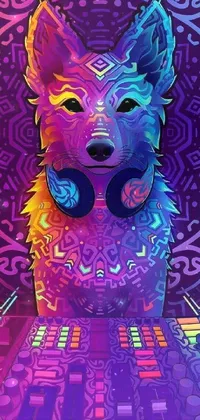 This phone live wallpaper is a psychedelic digital painting of an anthropomorphic dog with headphones on, set against a mesmerizing background of swirling colors