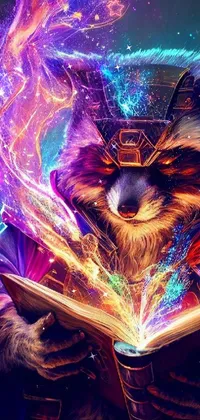 This phone live wallpaper depicts a raccoon reading a book, surrounded by a vibrant and magical multi-colored spell