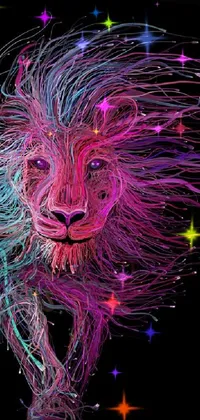 This live phone wallpaper showcases a stunning digital painting of a majestic lion standing against a black background