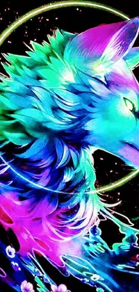 This phone live wallpaper showcases a stunning red and blue digital painting of a fierce wolf