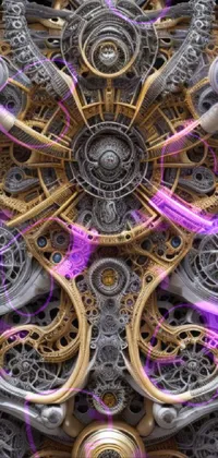 This phone live wallpaper features a captivating close-up of a clock on a wall surrounded by intricate alien-like fractal structures in white biomechanical material with pops of gold and steel