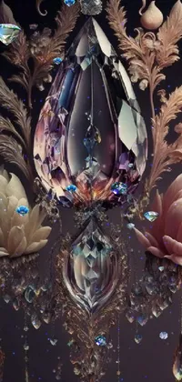 This phone live wallpaper features a stunning digital art rendering of a chandelier with hanging flora and crystals