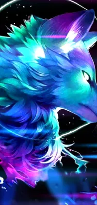 This live wallpaper showcases a stunning digital painting of a wolf with ultraviolet and neon colors