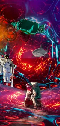 This space-themed live wallpaper for phones showcases two astronauts standing together against a backdrop of a psychedelic green and red radioactive swamp