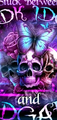 This gothic phone live wallpaper features two detailed skulls surrounded by mauve and cyan flowers, with butterflies adding a touch of whimsy