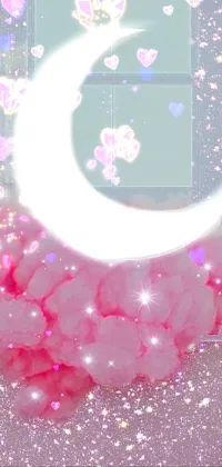 This stunning phone live wallpaper showcases a pink bed with a sparkling crescent moon on top, inspired by a delightful Tumblr aesthetic