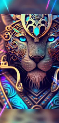 This phone live wallpaper features a stunning cyberpunk portrait of a cat with glowing eyes, adorned in an elaborate Aztec jaguar armor with intricate gemstones and engravings inspired by Arabian art