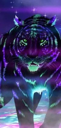 This vibrant phone live wallpaper boasts a digital rendering of a fierce tigress trekking through the snow-covered forest