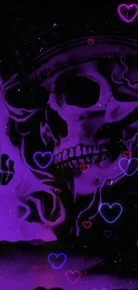 This live phone wallpaper is a digital art piece featuring two skulls sitting closely together in a purple background