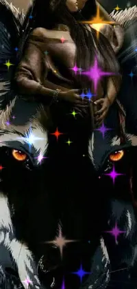 This live wallpaper features digital art of a confident woman sitting atop a black and white wolf with yellow eyes